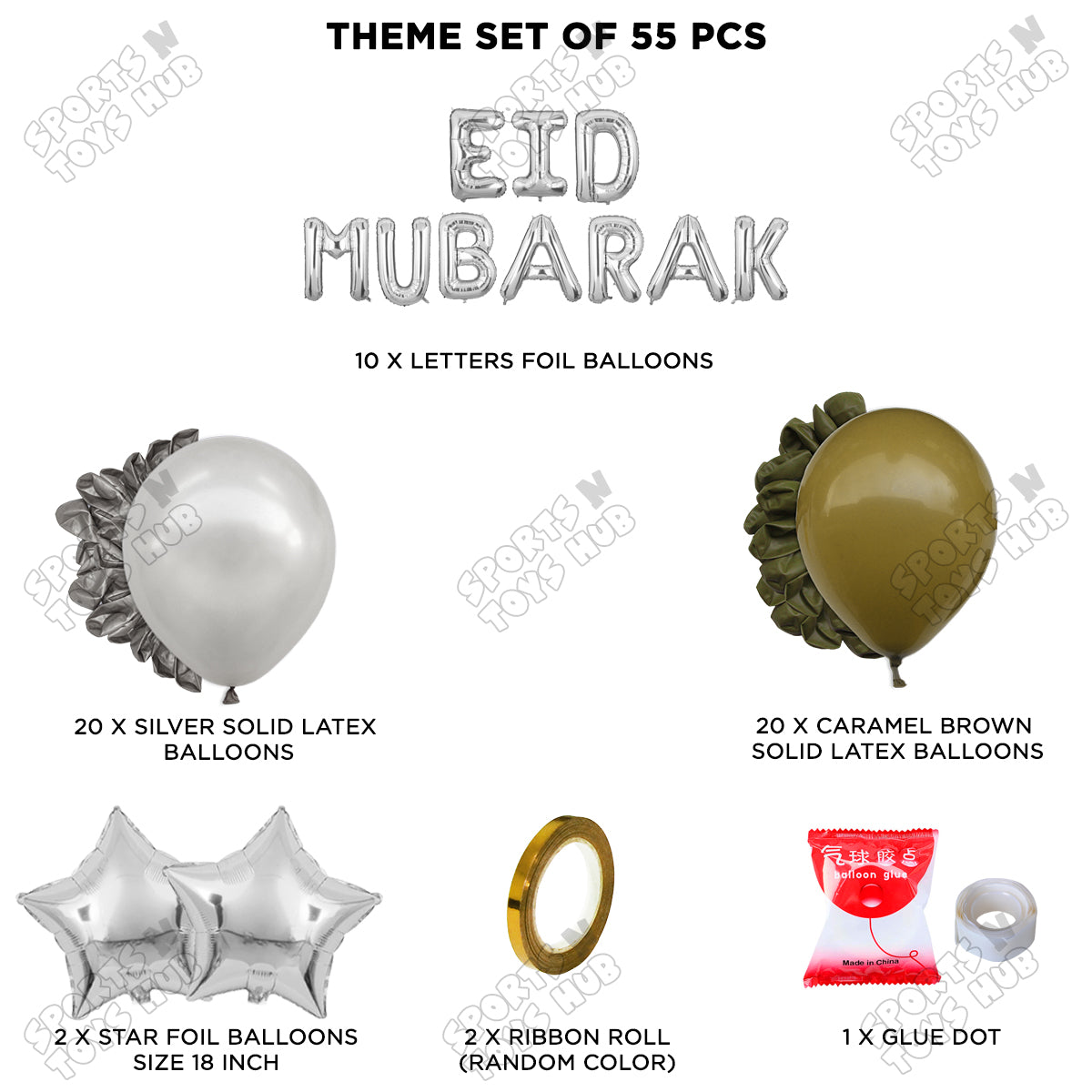 55 Pcs Eid Mubarak Silver Foil Balloon Garland Theme Collection