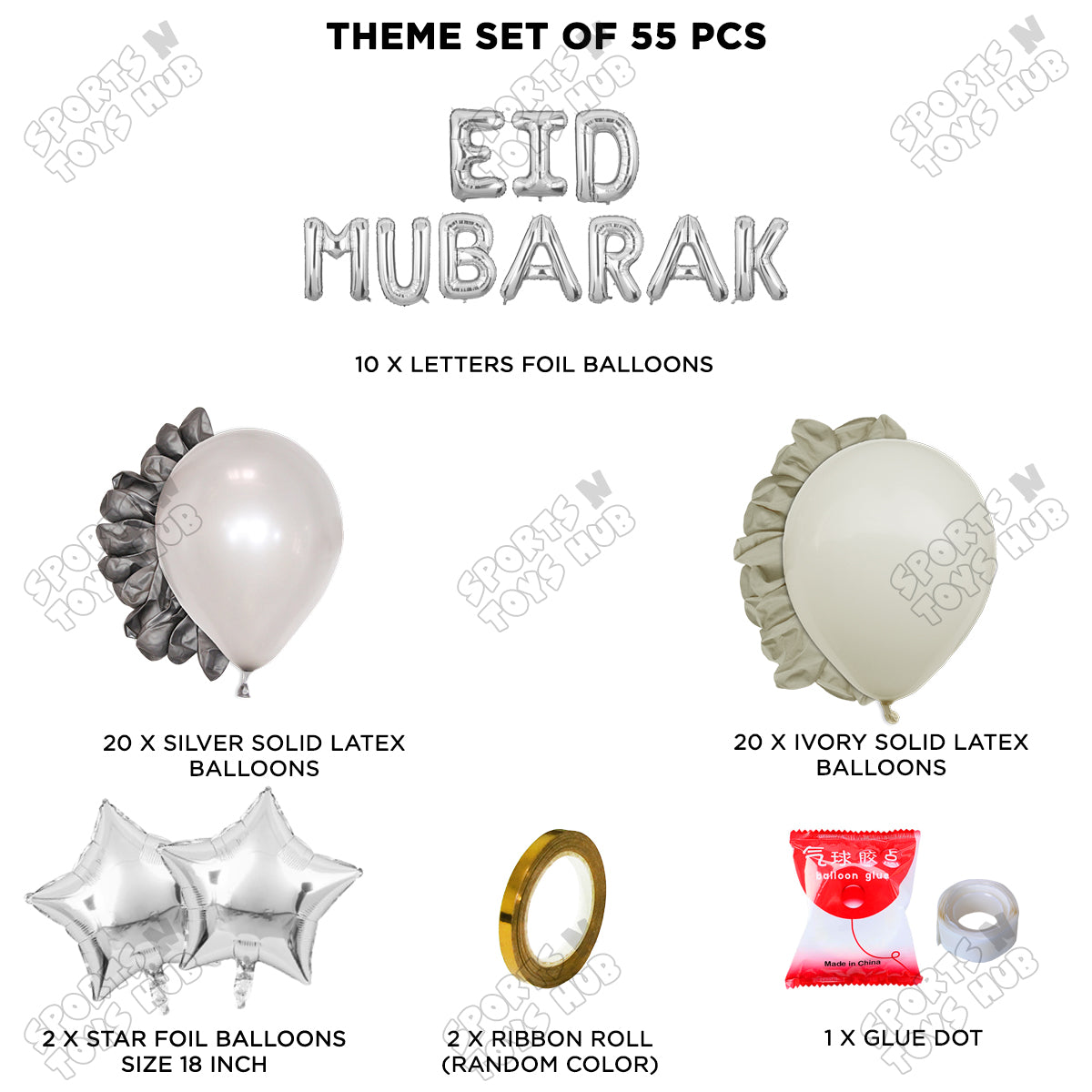 55 Pcs Eid Mubarak Silver Foil Balloon Garland Theme Collection