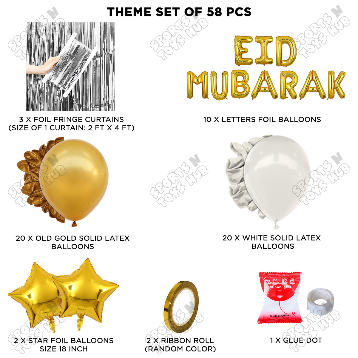 58 Pcs Eid Mubarak Gold Foil Balloon Curtain Theme Collection