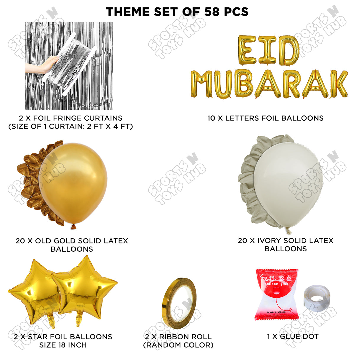 58 Pcs Eid Mubarak Gold Foil Balloon Curtain Theme Collection