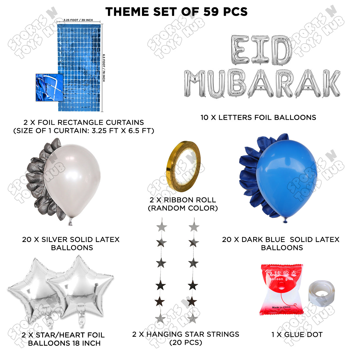 59 Pcs Eid Mubarak Silver Foil Balloon Rectangle Curtain Theme Collection