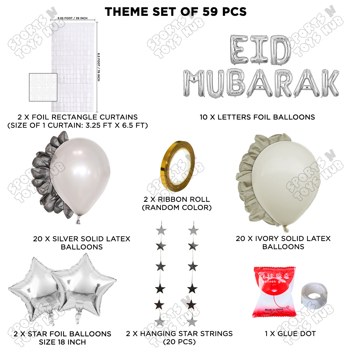 59 Pcs Eid Mubarak Silver Foil Balloon Rectangle Curtain Theme Collection