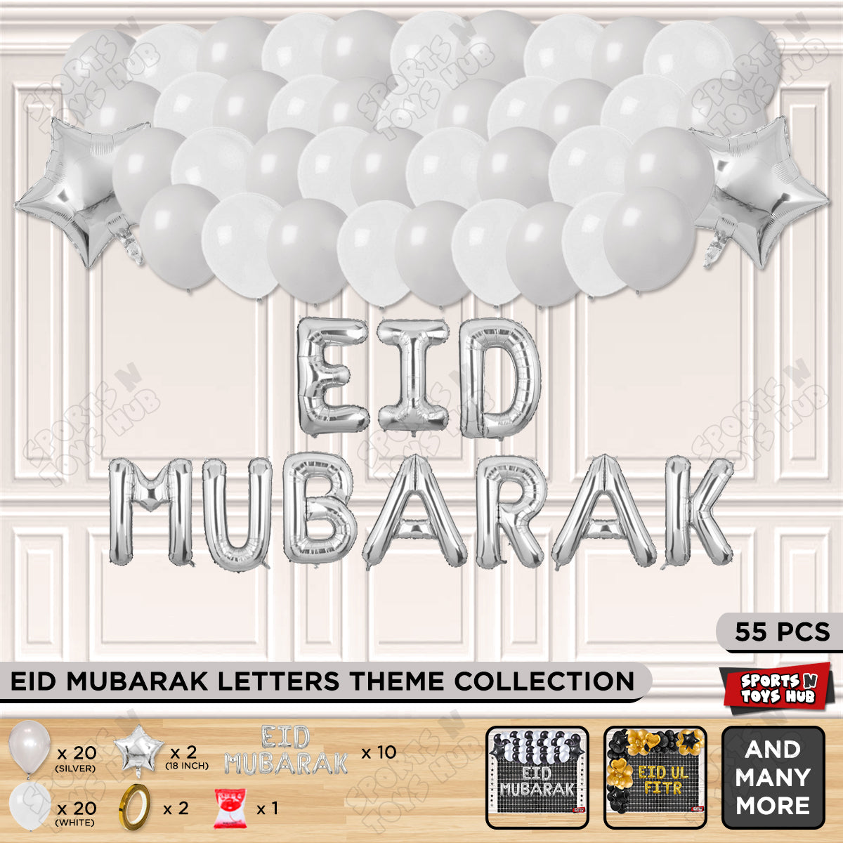 55 Pcs Eid Mubarak Silver Foil Balloon Garland Theme Collection