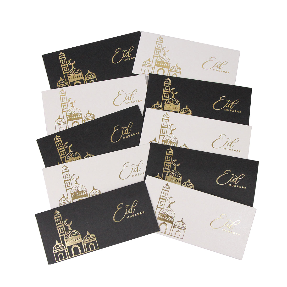 Foil Printed Mosque Pearl Card Eidi Envelopes - Pack of 5 Black + 5 White