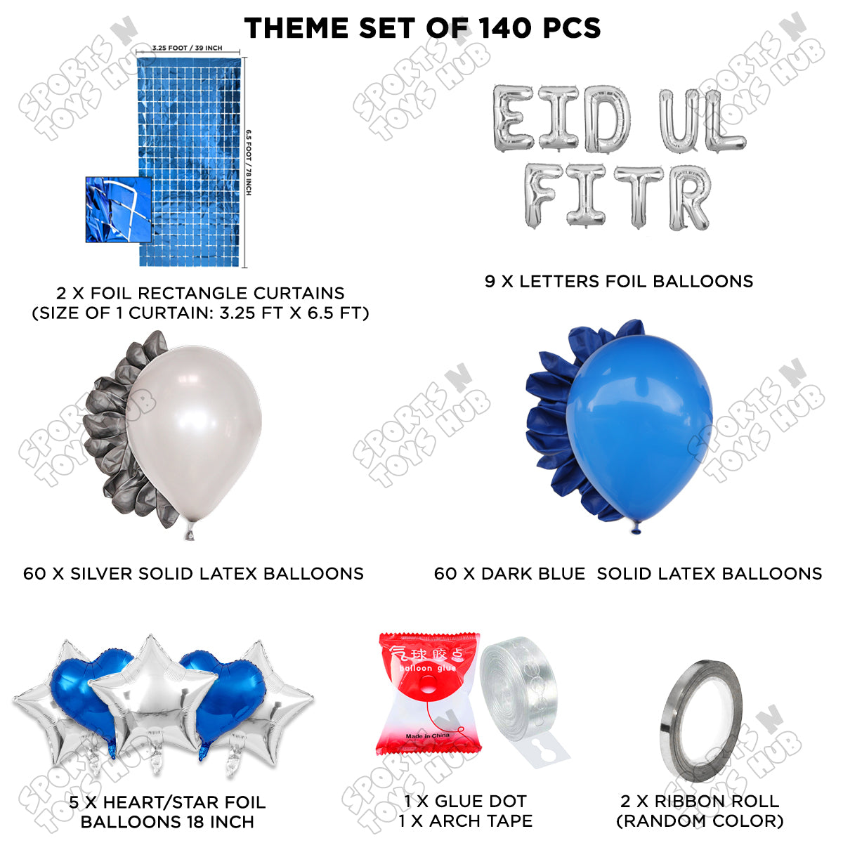 140 Pcs Eid Ul Fitr Silver Foil Balloon Arch Theme Collection