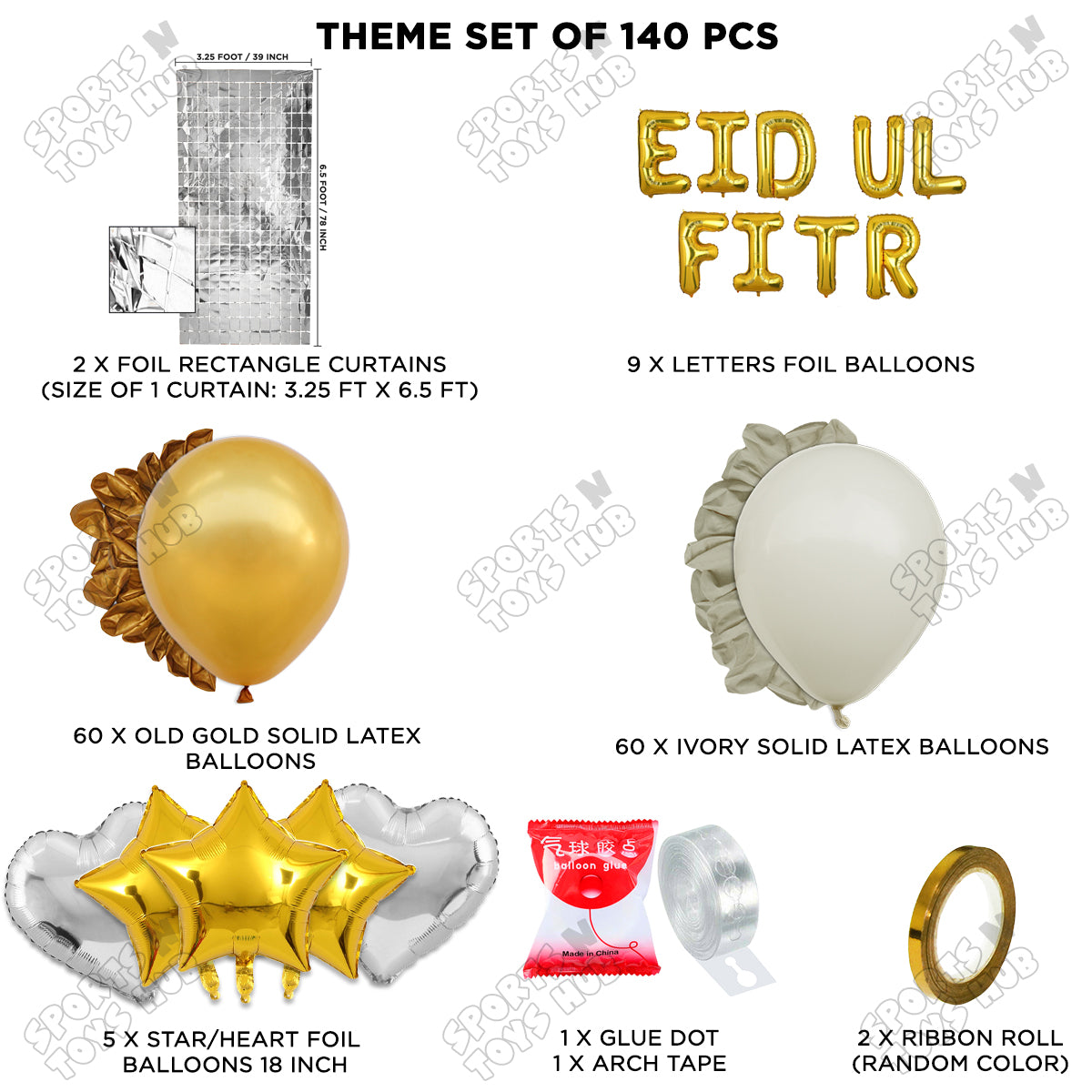 140 Pcs Eid Ul Fitr Gold Foil Balloon Arch Theme Collection