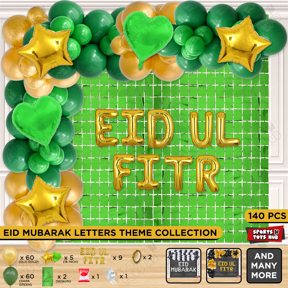 140 Pcs Eid Ul Fitr Gold Foil Balloon Arch Theme Collection