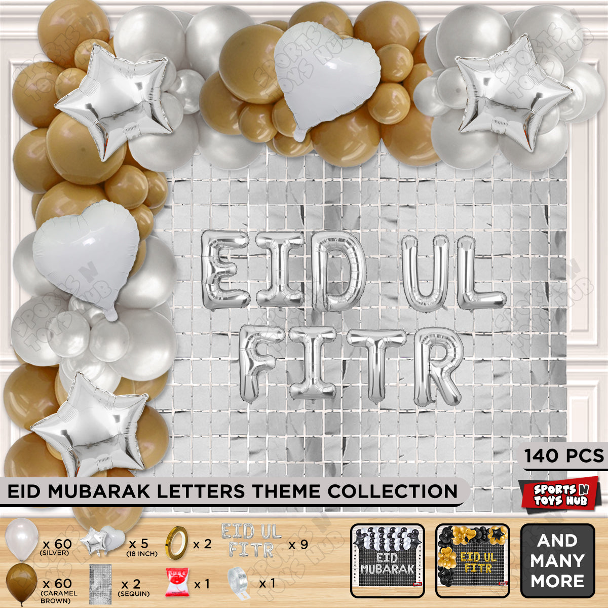140 Pcs Eid Ul Fitr Silver Foil Balloon Arch Theme Collection