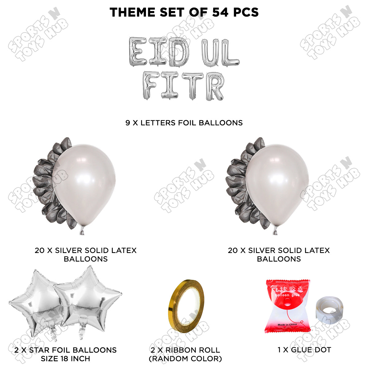 54 Pcs Eid Ul Fitr Silver Foil Balloon Garland Theme Collection