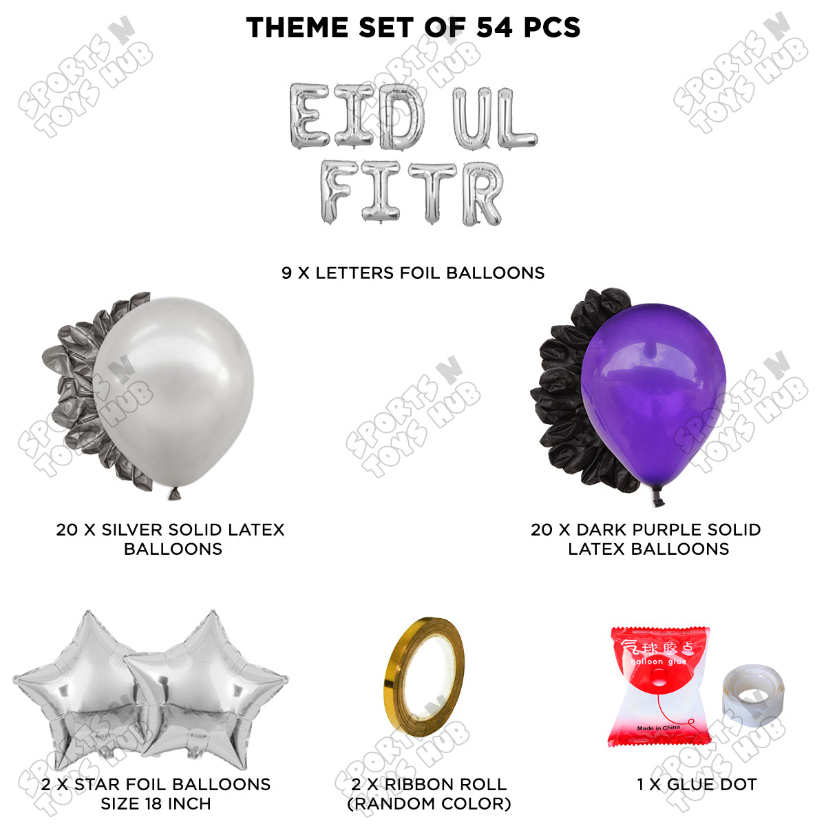 54 Pcs Eid Ul Fitr Silver Foil Balloon Garland Theme Collection