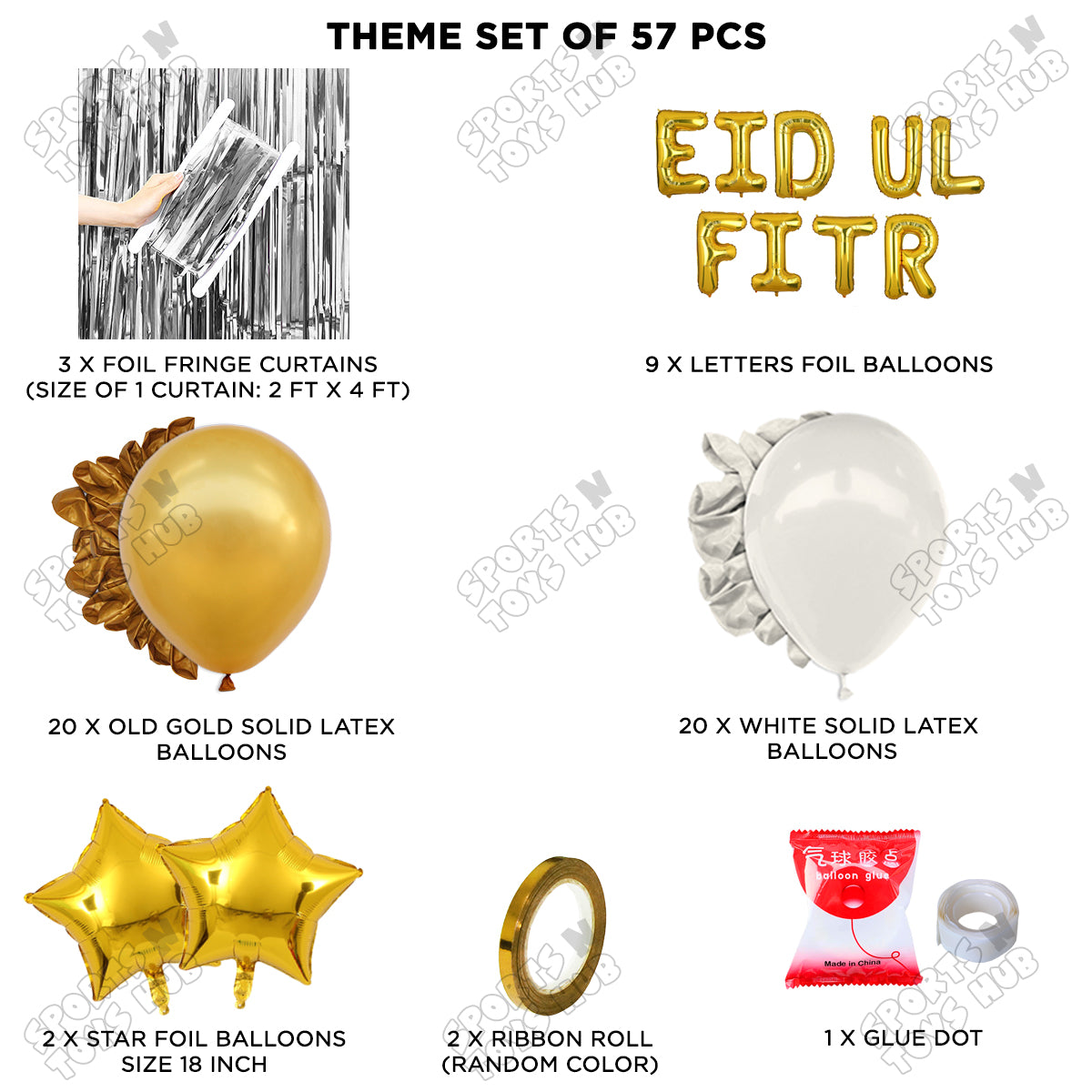 57 Pcs Eid Ul Fitr Gold Foil Balloon Curtain Theme Collection