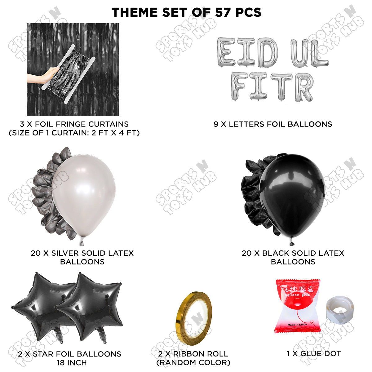 57 Pcs Eid Ul Fitr Silver Foil Balloon Curtain Theme Collection