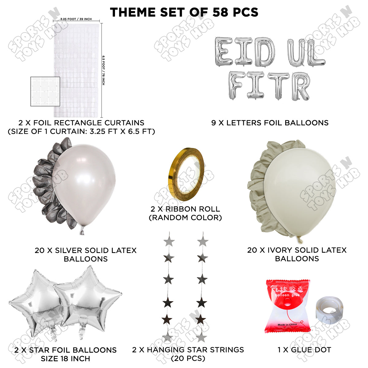 58 Pcs Eid Ul Fitr Silver Foil Balloon Rectangle Curtain Theme Collection