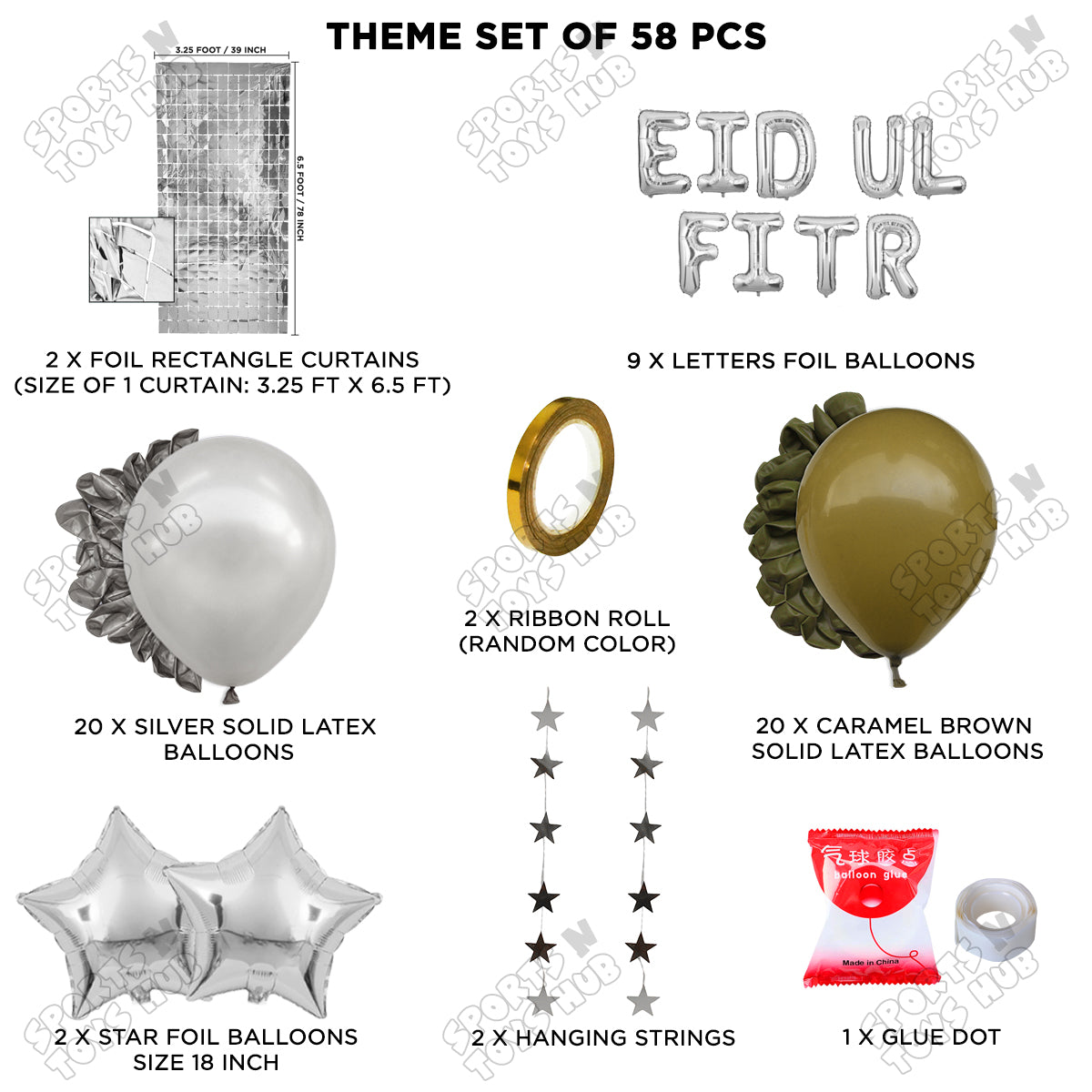 58 Pcs Eid Ul Fitr Silver Foil Balloon Rectangle Curtain Theme Collection