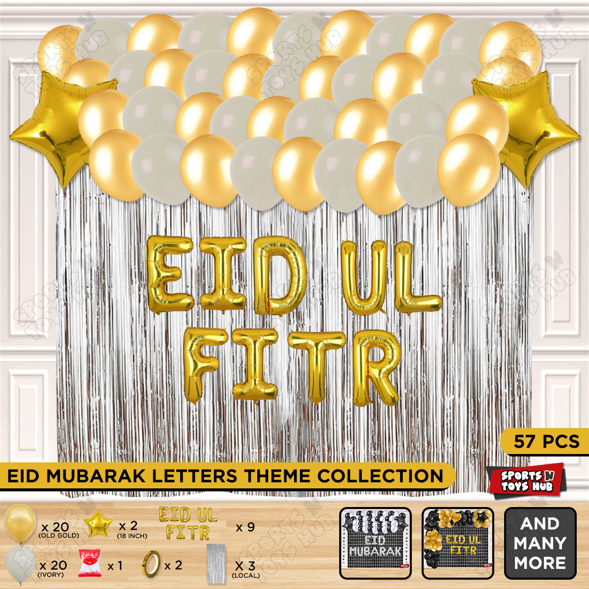 57 Pcs Eid Ul Fitr Gold Foil Balloon Curtain Theme Collection
