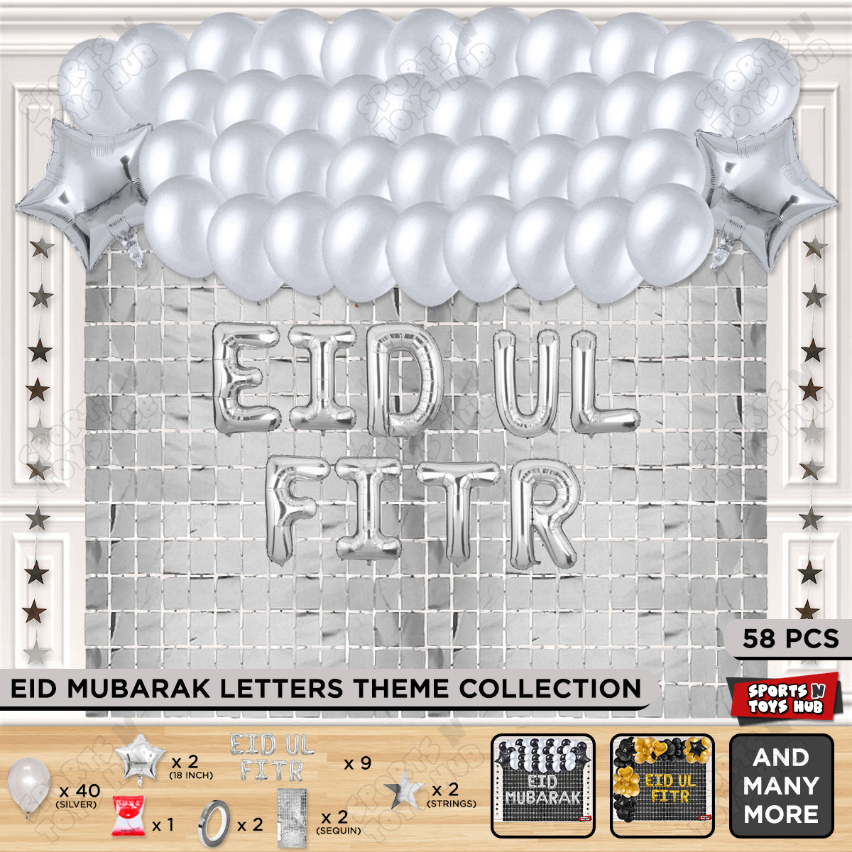 58 Pcs Eid Ul Fitr Silver Foil Balloon Rectangle Curtain Theme Collection