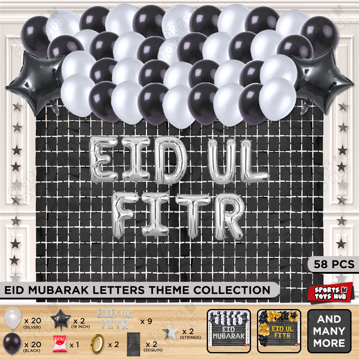 58 Pcs Eid Ul Fitr Silver Foil Balloon Rectangle Curtain Theme Collection