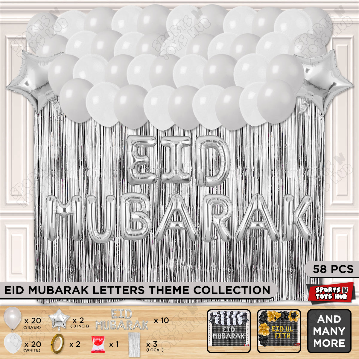 58 Pcs Eid Mubarak Silver Foil Balloon Curtain Theme Collection