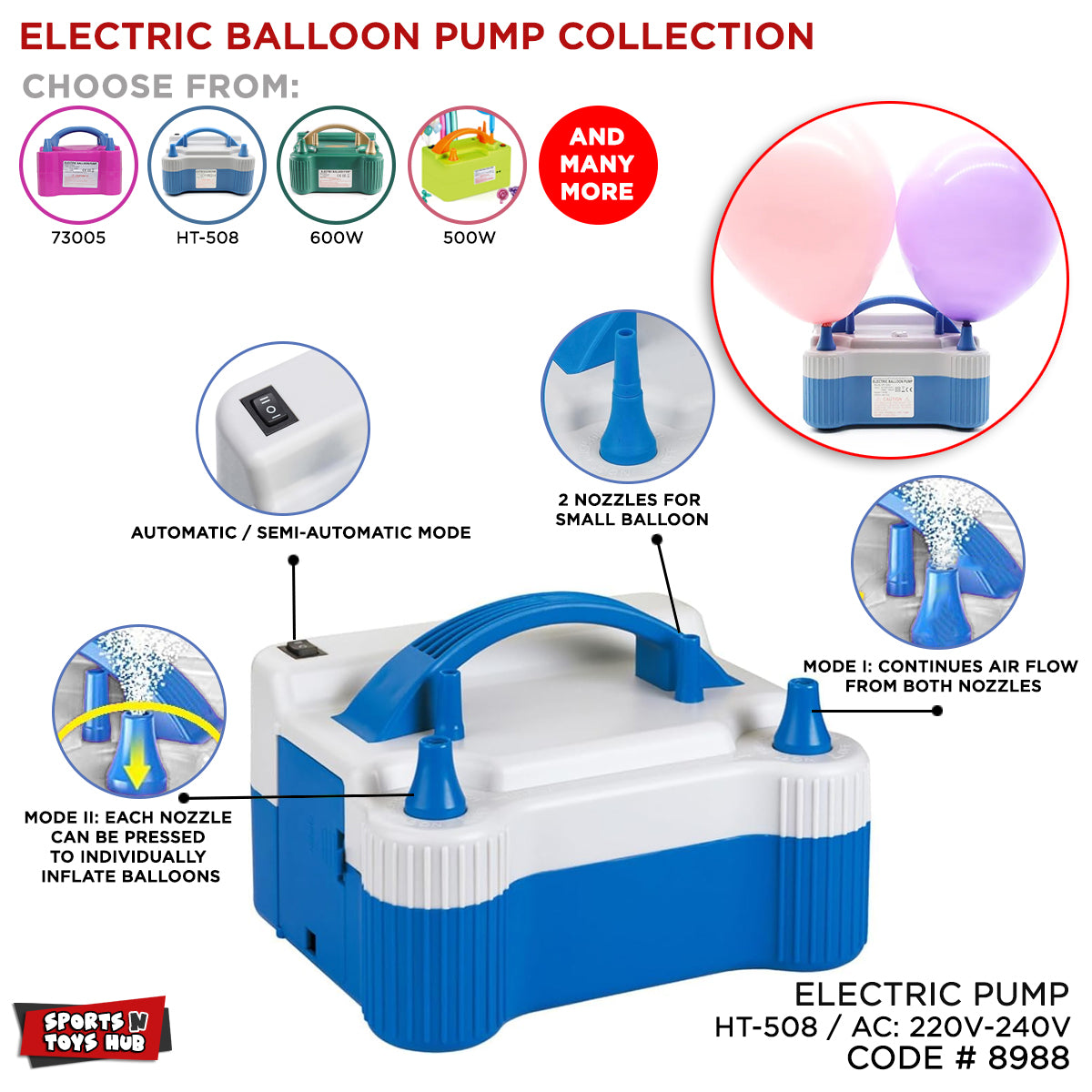 Balloons Electric Air Pump Assorted Color - HT-508/AC