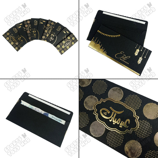 Gold Foil Printed Black Paper Card Eid Mubarak Money Envelope Assorted Prints - Pack Of 10