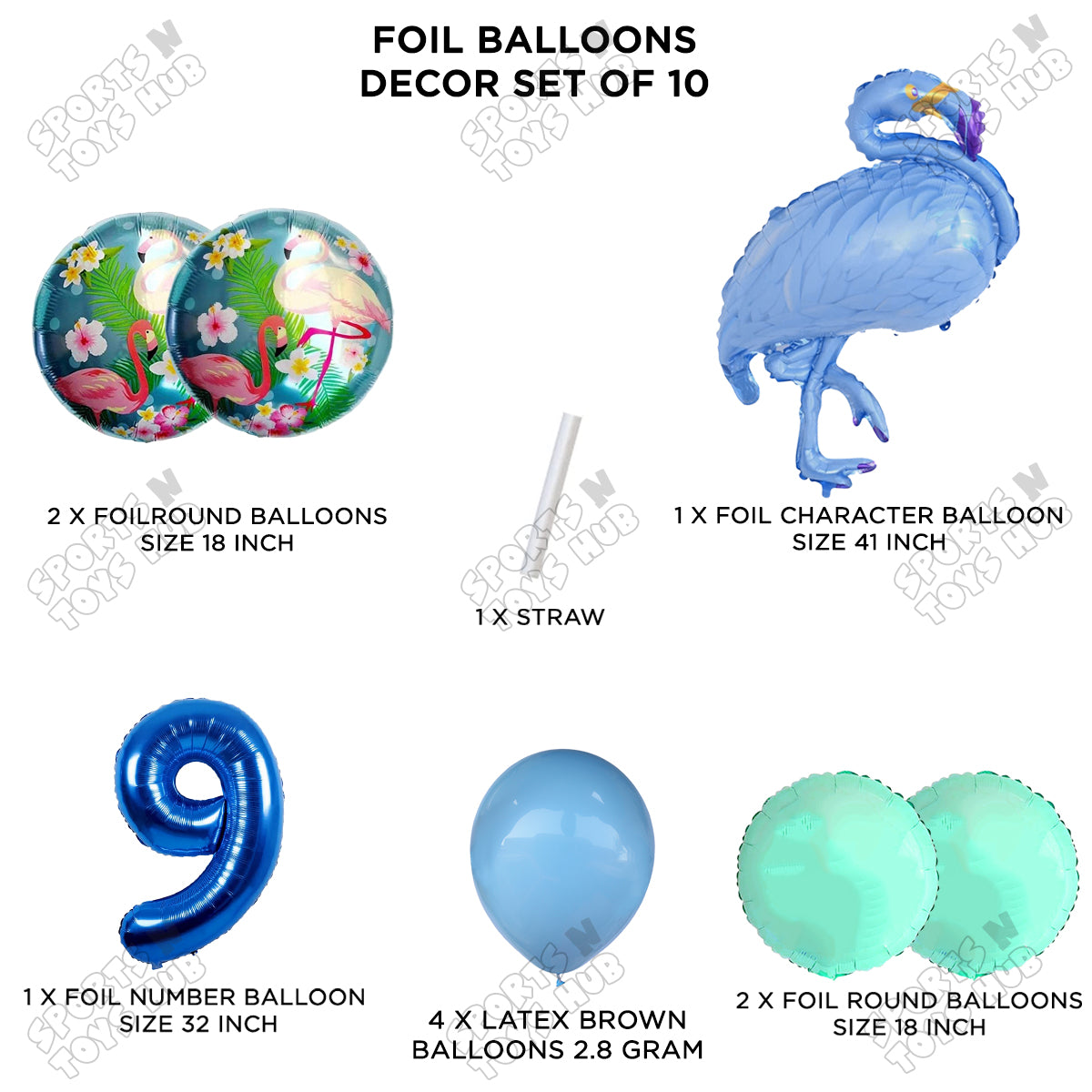 Flamingo Bird Pack Of 10 Blue Color Foil Balloon Set