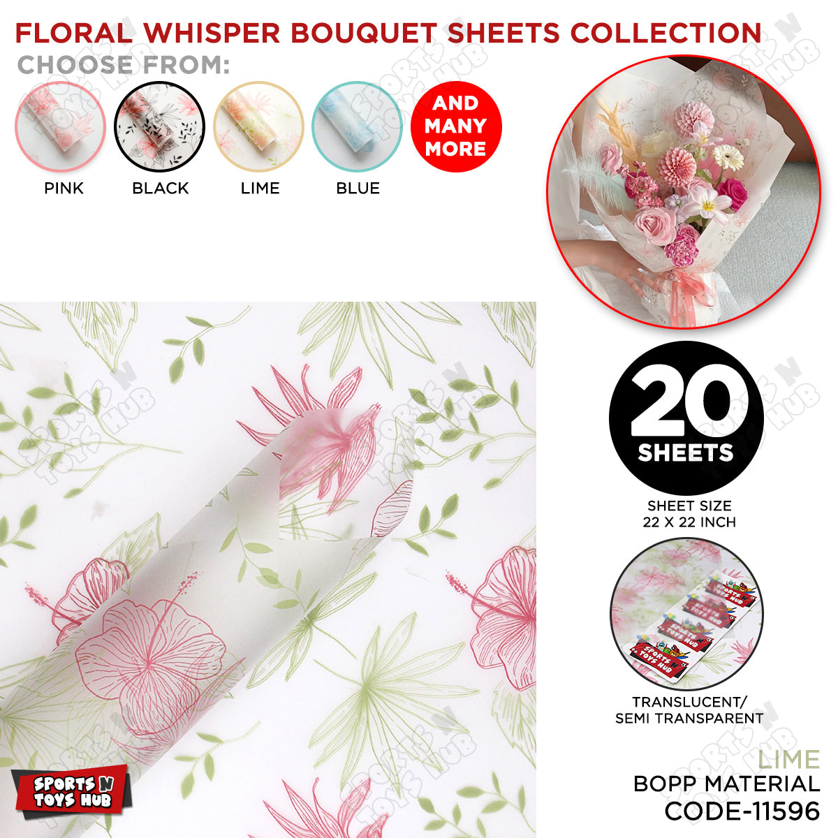Floral Whisper Subtle Printed Transparent Translucent Florist Wrapping Sheets - 20 Sheets