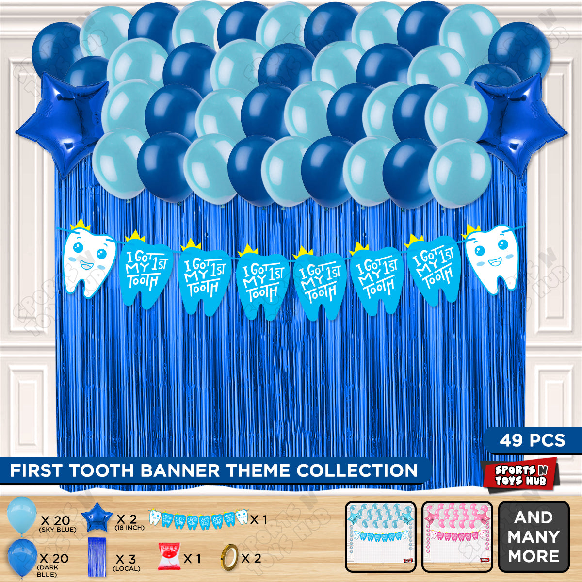 I Got My First Tooth Card Banner Curtain Theme - Blue