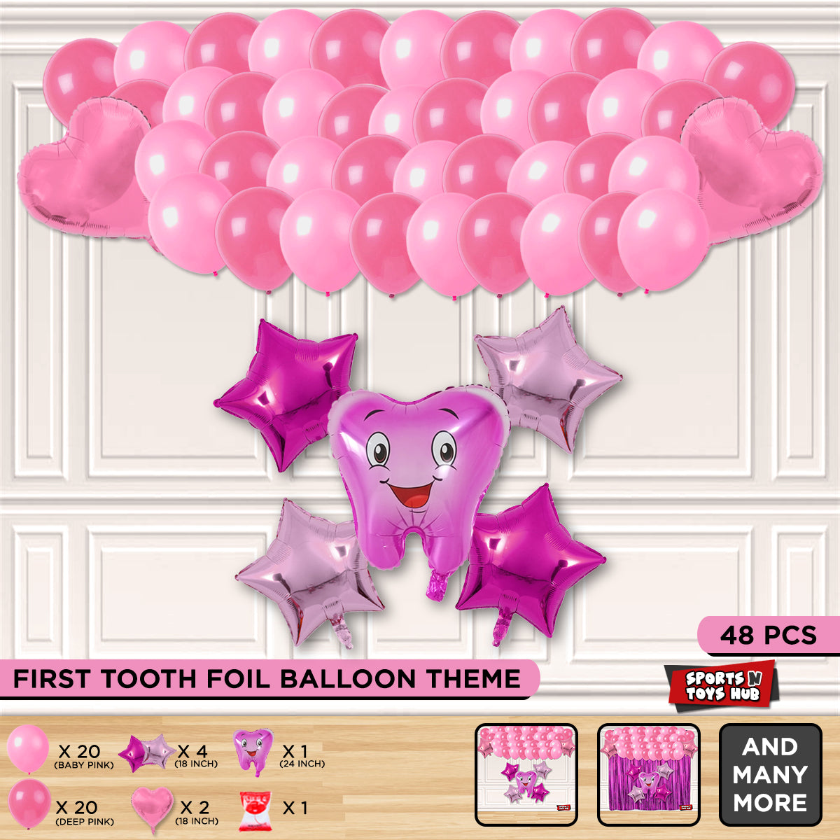 First Tooth Foil Balloon Theme Without Curtain - Pink