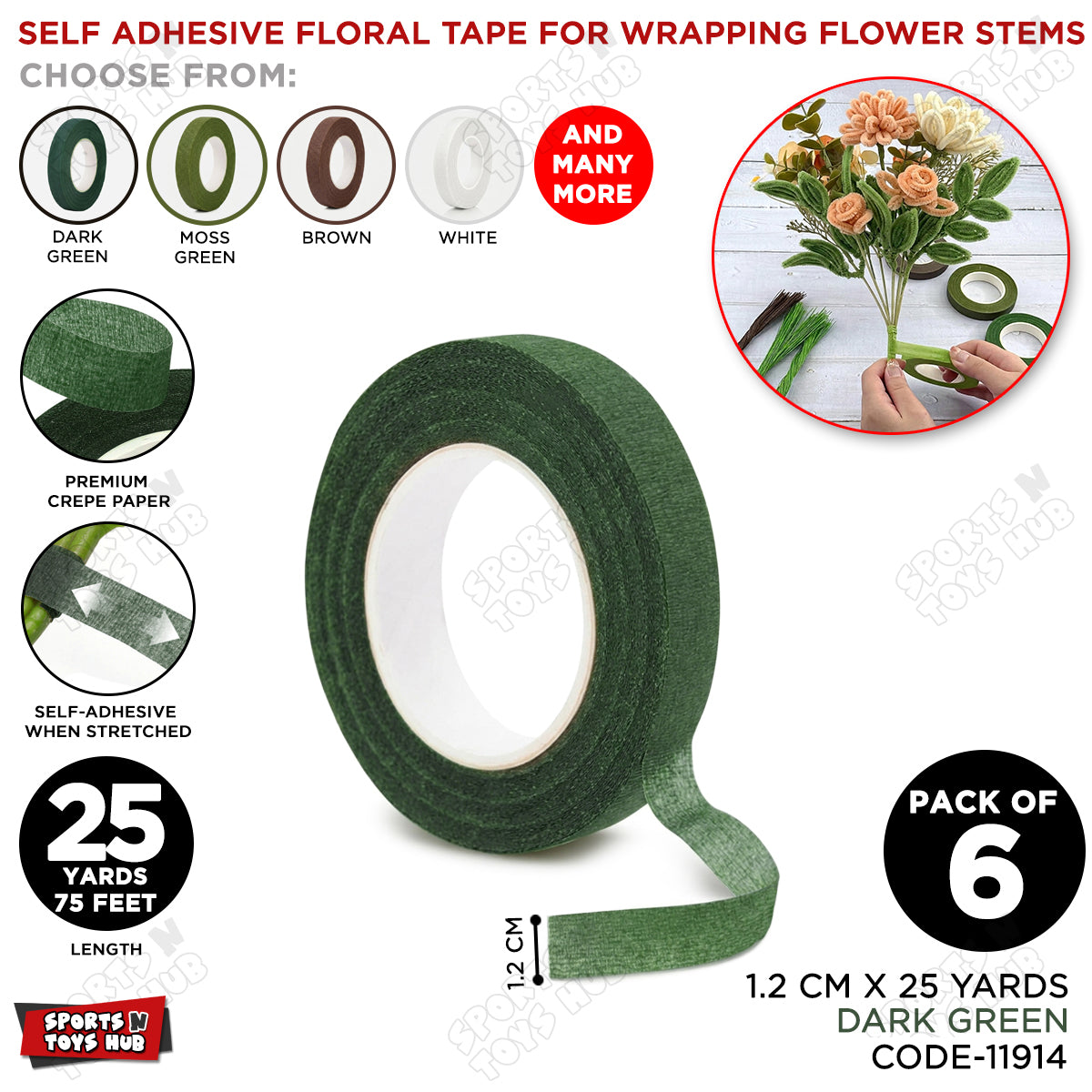 Dark Green Floral Tape 1.2cm x 25 Yards – Premium Florist Stem Wrap Tape for Fresh Flowers, Bouquet Wrapping, Floral Arrangements, Wedding Bouquets, Artificial Flowers & DIY Floral Crafts