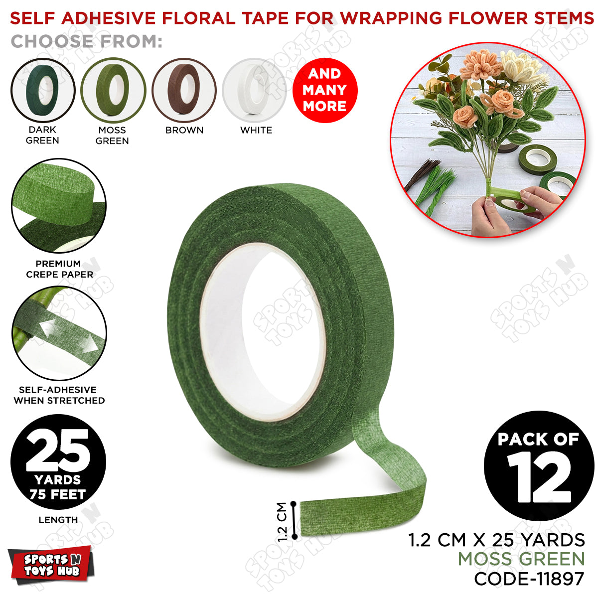 Moss Green Floral Tape 1.2cm x 25 Yards – Premium Florist Stem Wrap Tape for Fresh Flowers, Bouquet Wrapping, Wedding Bouquets, Artificial Flowers & DIY Floral Crafts
