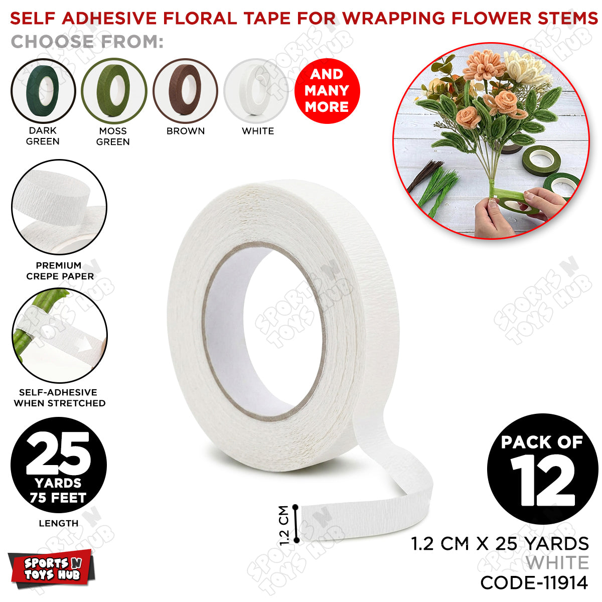 White Floral Tape 1.2cm x 25 Yards – Premium Florist Stem Wrap Tape for Fresh Flowers, Bouquet Wrapping, Wedding Bouquets, Artificial Flowers & DIY Floral Crafts