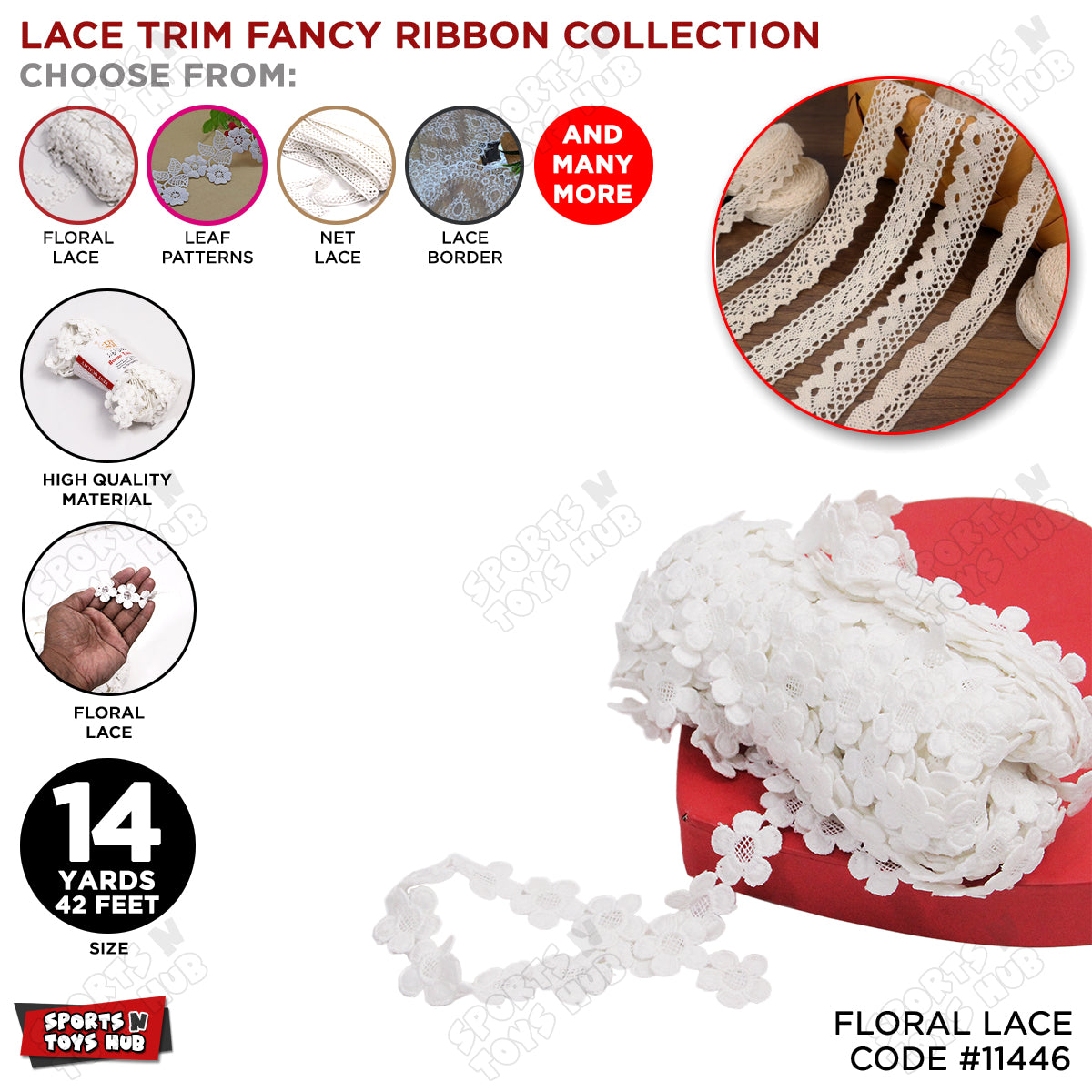 White Floral Lace Trim Fancy Ribbon - 14 Yard