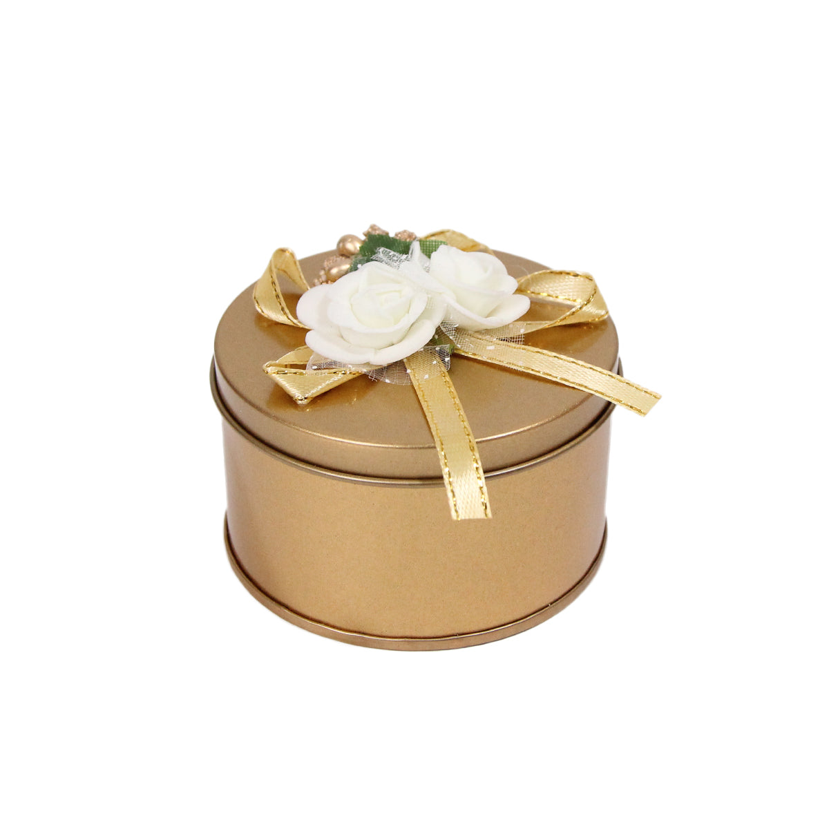 Round Shape Tin Box Wedding Bid Gift Box With Flower Ribbon Collection - Pack 12