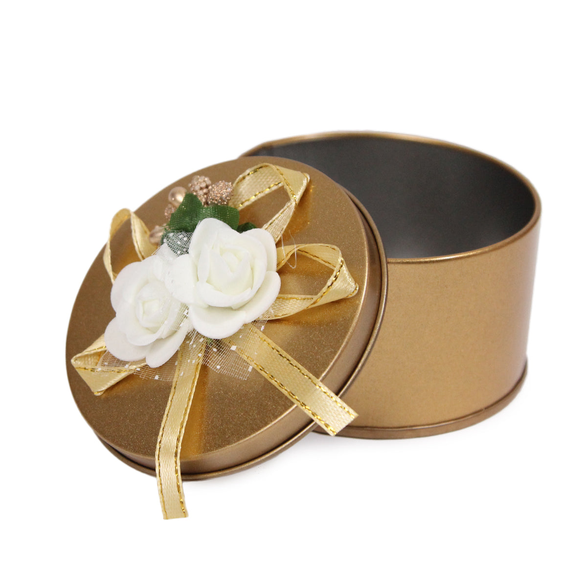 Round Shape Tin Box Wedding Bid Gift Box With Flower Ribbon Collection - Pack 12