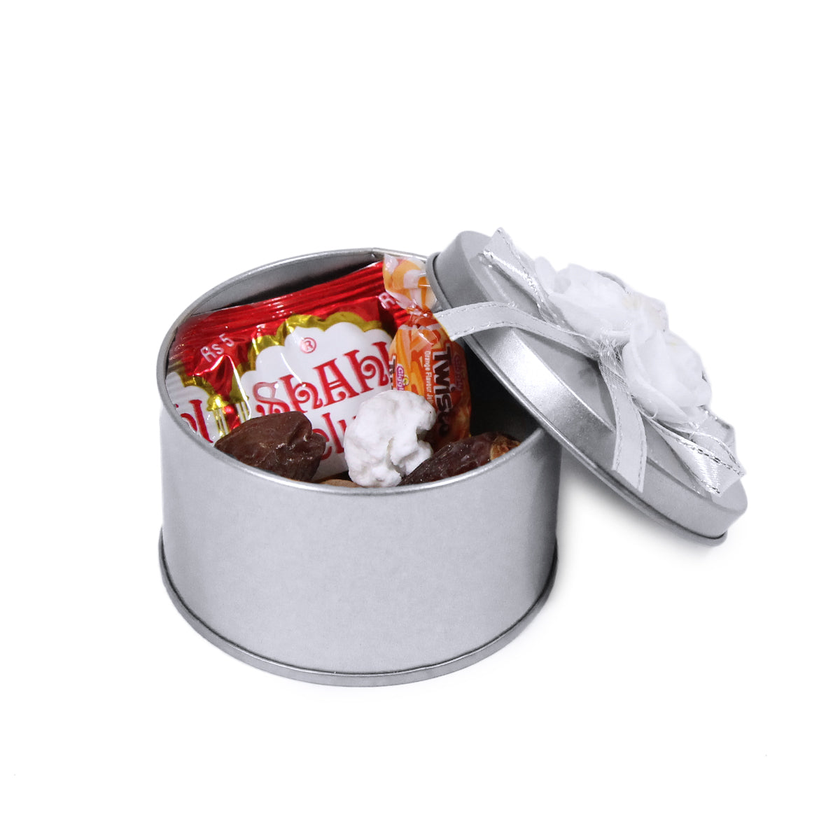 Round Shape Tin Box Wedding Bid Gift Box With Flower Ribbon Collection - Pack 12