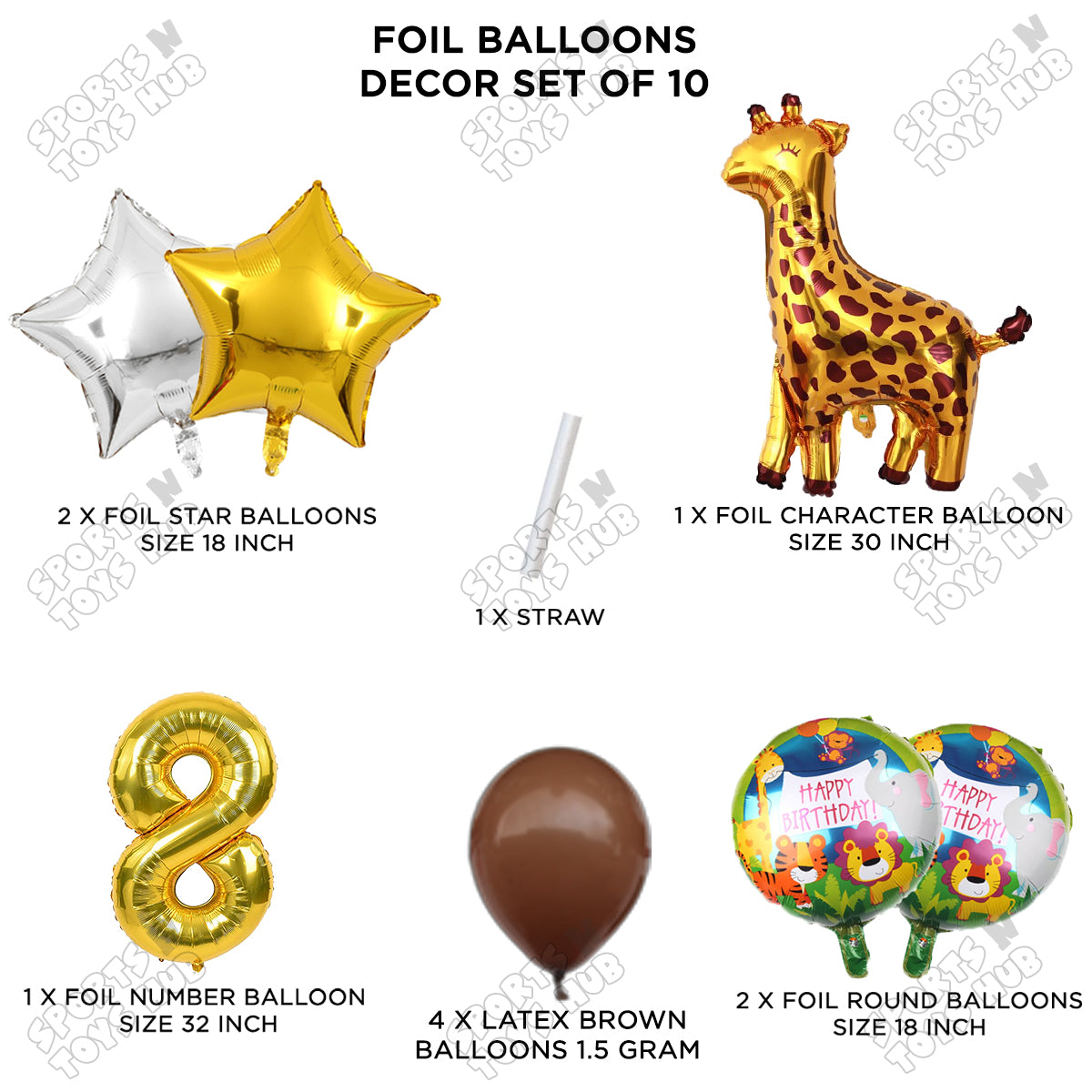 Jungle Safari Giraffe Pack Of 10 Foil Balloon Set