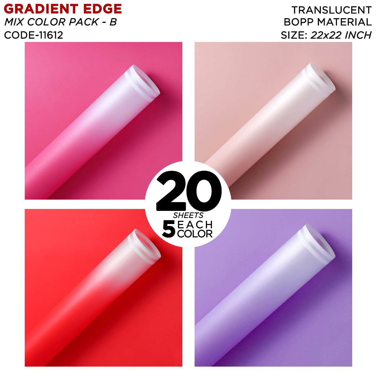 Gradient Edge Solid to Clear with Dual Pin Lines - Mix Color 20 Sheet Pack - Translucent Bouquet Wrapping Sheets
