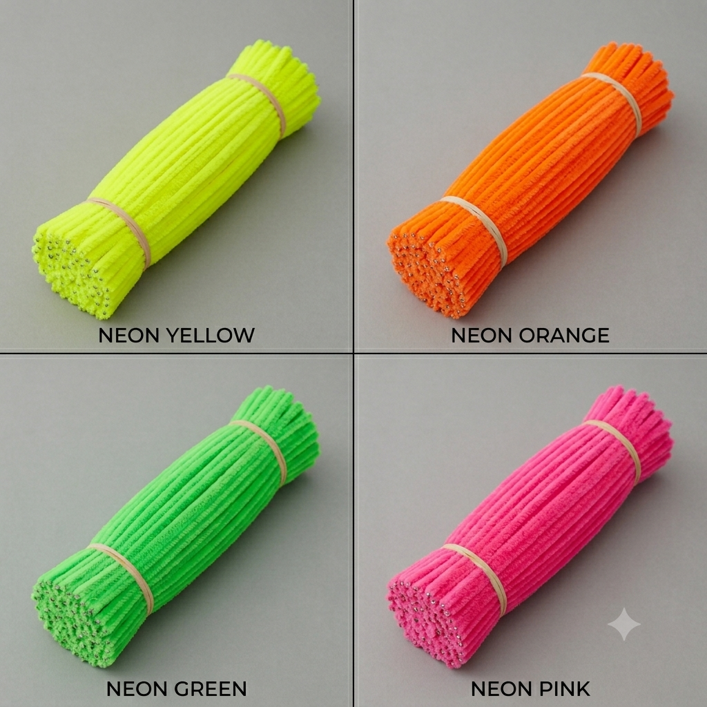 Neon Color Fuzzy Pipe Cleaners 100 Pcs – Premium Chenille Craft Stems 30cm, 7-8mm Thick Flexible Pipe Cleaner Sticks for DIY Arts & Crafts, Kids Creative Projects, School Craft Supplies