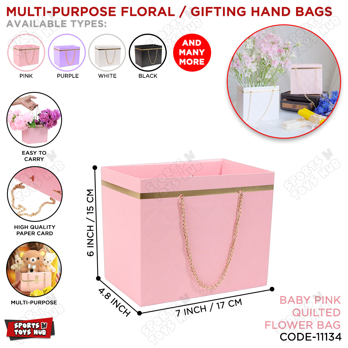 Gold Chain Flower Gift Box Cardstock Quilted Waxed Paper Handy Bag - 1 PC