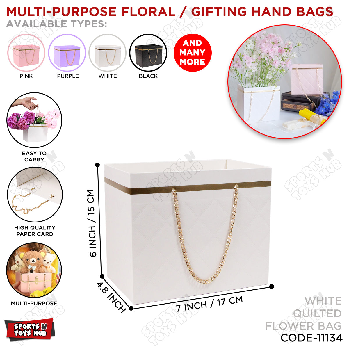 Gold Chain Flower Gift Box Cardstock Quilted Waxed Paper Handy Bag - 1 PC