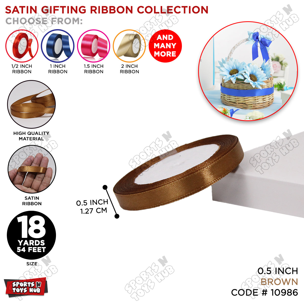 1/2 Inch x 18 Yards β Multi-Purpose Satin Ribbon Roll for Gift Wrapping, Crafts & Decorations