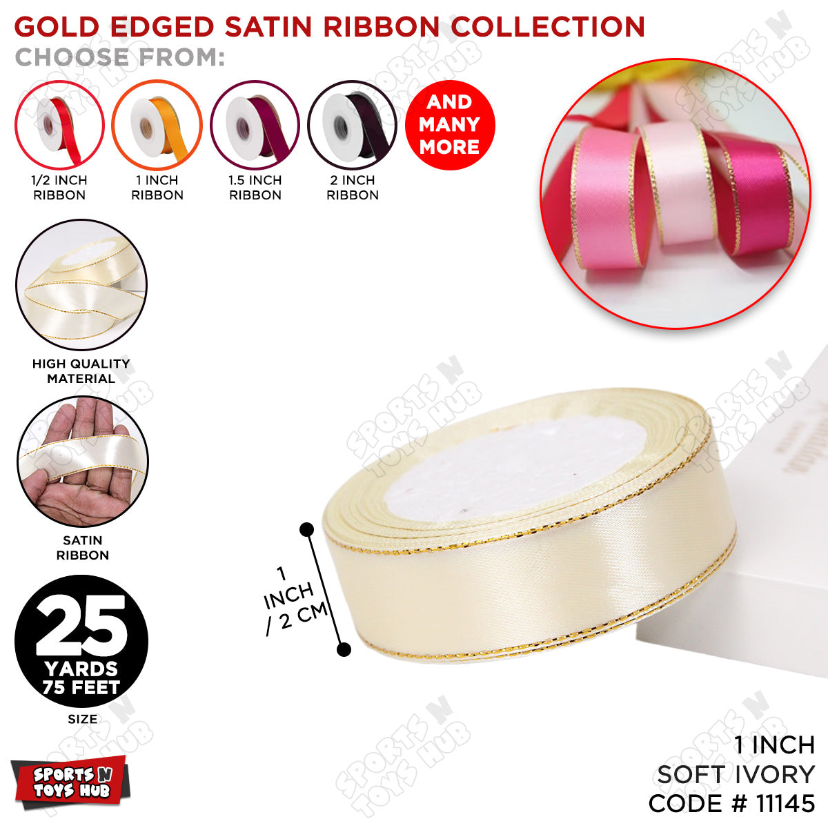 1 Inch x 25 Yards – Gold Edged Satin Ribbon Roll for Gift Wrapping, Crafts & Decor