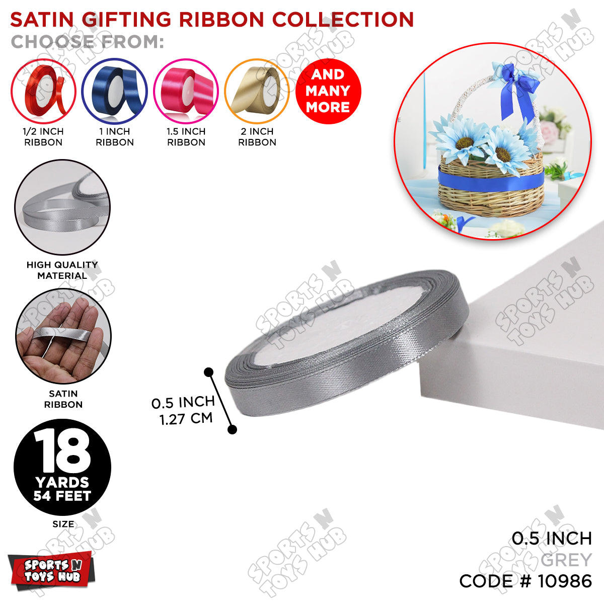 1/2 Inch x 18 Yards β Multi-Purpose Satin Ribbon Roll for Gift Wrapping, Crafts & Decorations