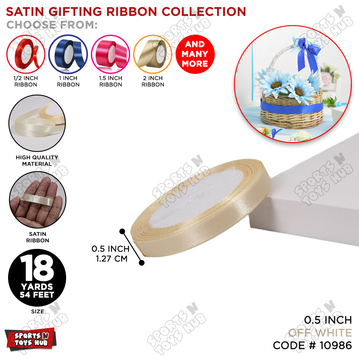 1/2 Inch x 18 Yards β Multi-Purpose Satin Ribbon Roll for Gift Wrapping, Crafts & Decorations