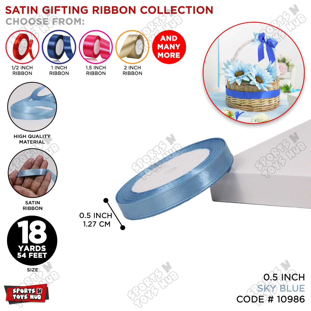 1/2 Inch x 18 Yards β Multi-Purpose Satin Ribbon Roll for Gift Wrapping, Crafts & Decorations