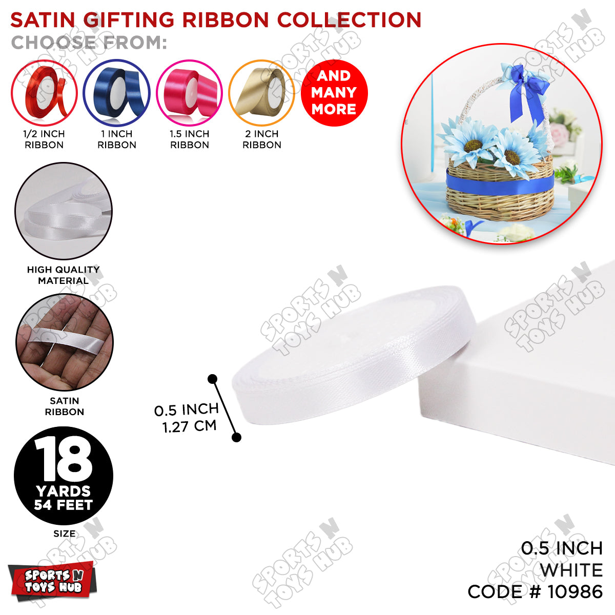 1/2 Inch x 18 Yards β Multi-Purpose Satin Ribbon Roll for Gift Wrapping, Crafts & Decorations