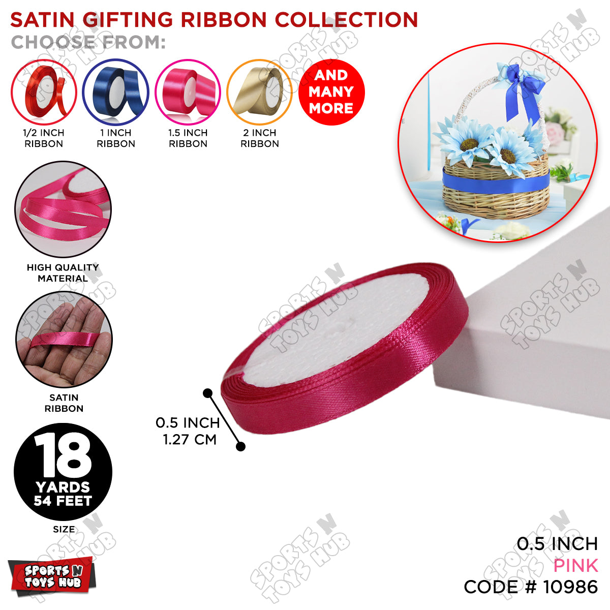 1/2 Inch x 18 Yards β Multi-Purpose Satin Ribbon Roll for Gift Wrapping, Crafts & Decorations