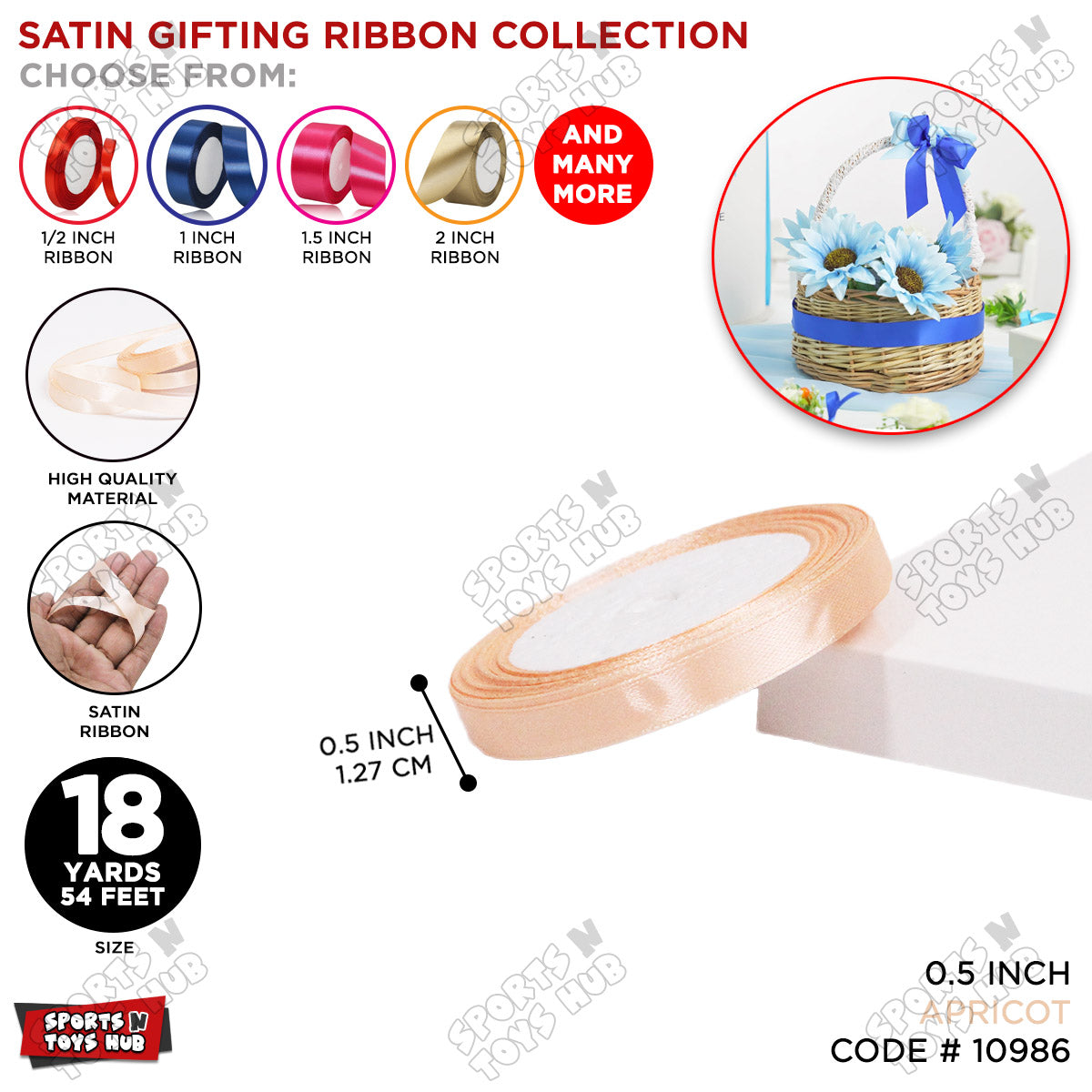 1/2 Inch x 18 Yards β Multi-Purpose Satin Ribbon Roll for Gift Wrapping, Crafts & Decorations
