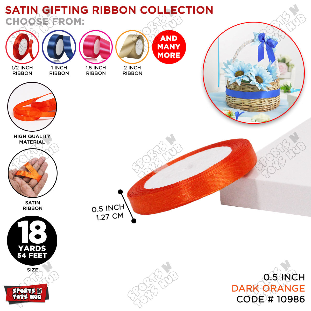 1/2 Inch x 18 Yards β Multi-Purpose Satin Ribbon Roll for Gift Wrapping, Crafts & Decorations