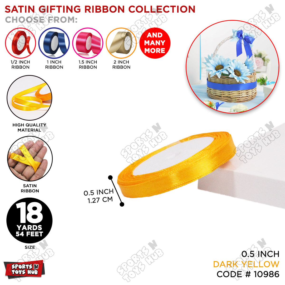 1/2 Inch x 18 Yards β Multi-Purpose Satin Ribbon Roll for Gift Wrapping, Crafts & Decorations